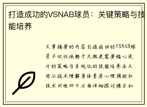 打造成功的VSNAB球员：关键策略与技能培养
