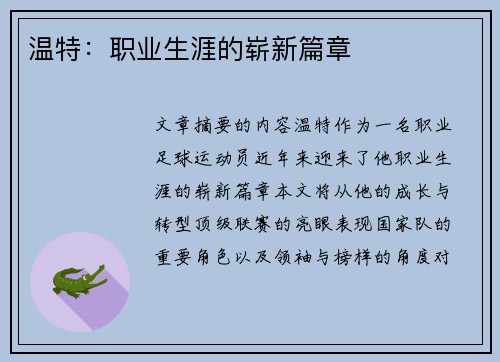 温特：职业生涯的崭新篇章