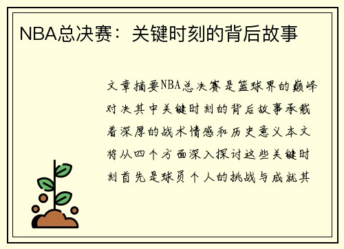 NBA总决赛：关键时刻的背后故事